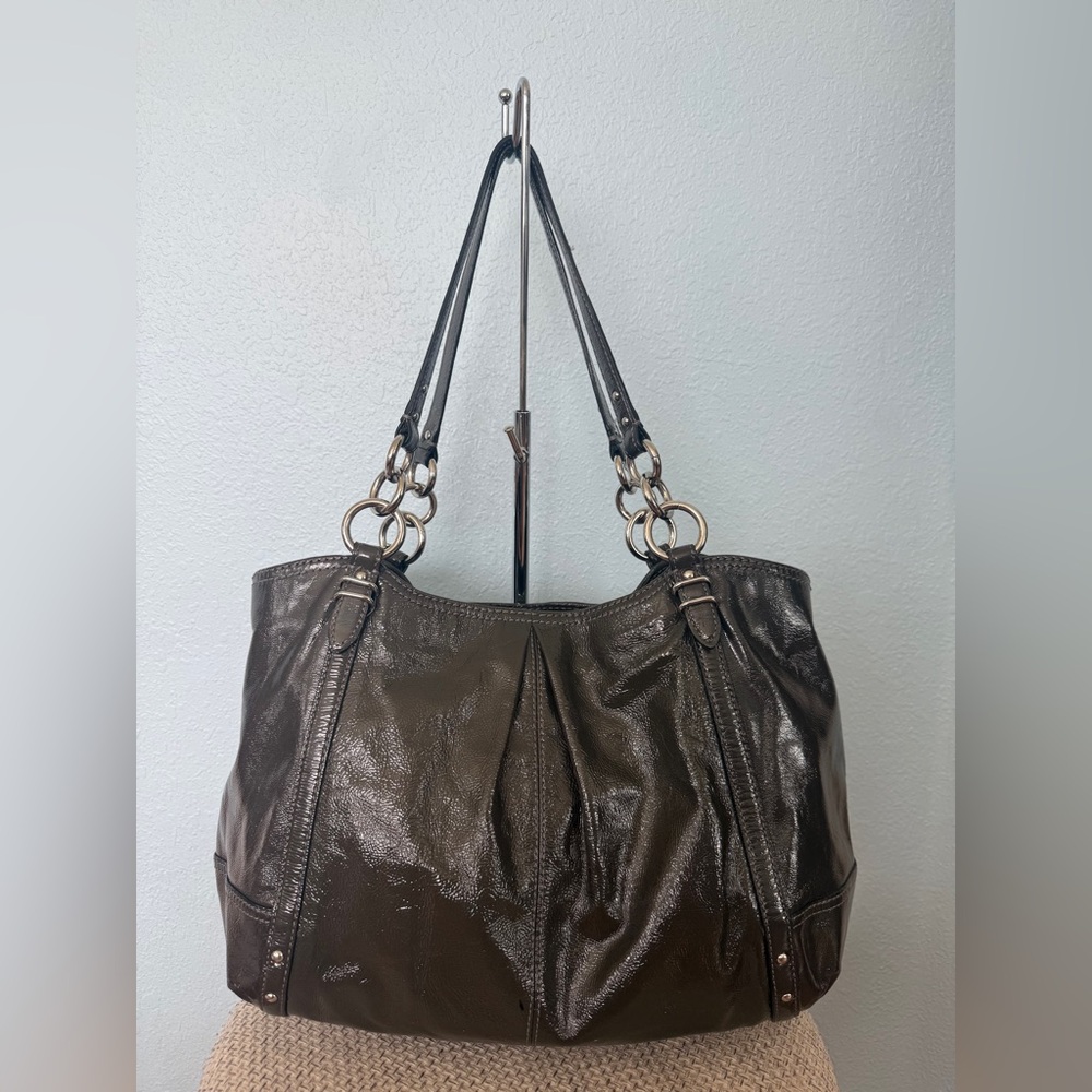 Coach Dark Brown Patent Leather Shoulder Bag with Silver-Tone Hardware - Picture 3 of 13